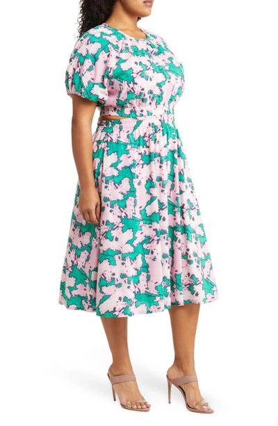 Shop Chelsea28 Puff Sleeve Side Cutout Organic Cotton Blend Dress In Green- Pink Shadows