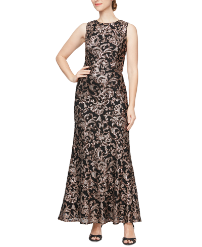 Shop Alex Evenings Petite Sequin-embroidered Sleeveless Gown In Black,copper