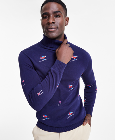 Shop Club Room Men's Cotton Skier Embroidered Turtleneck Sweater, Created For Macy's In Navy Blue