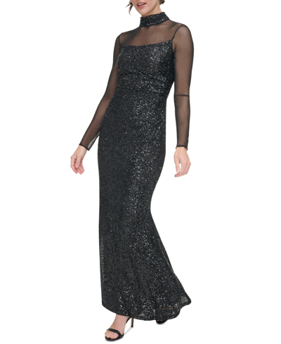 Shop Eliza J Women's Sequin Embellished Mesh Mock Neck Gown In Black