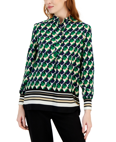 Shop Anne Klein Plus Size Geo-print Covered-placket Poet Blouse In Emerald Mint Multi