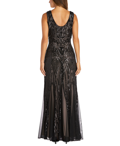 Shop R & M Richards Women's Sequined V-neck Godet Gown In Black,nude