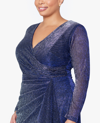 Shop Betsy & Adam Plus Size Metallic Long-sleeve Drape-front Gown In Black,royal,silver