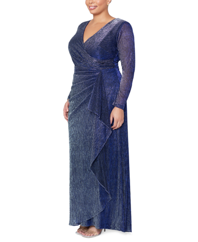 Shop Betsy & Adam Plus Size Metallic Long-sleeve Drape-front Gown In Black,royal,silver
