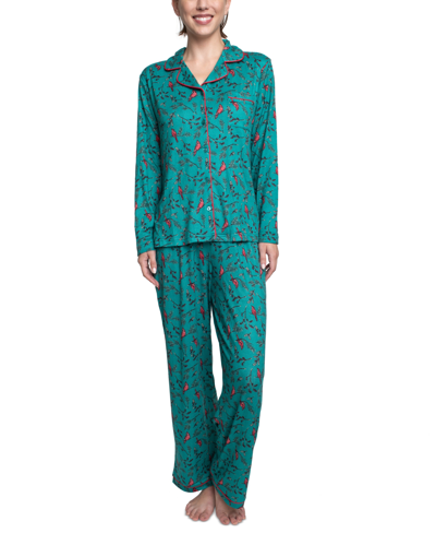 Shop Hanes Women's 2-pc. Notched-collar Printed Pajamas Set In Evergreen Cardinal