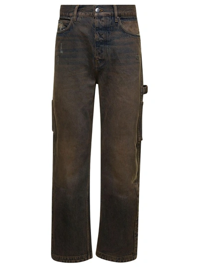 Shop Amiri Brown Five-pocket Jeans With Faded Effect And Rips Details In Cotton Denim