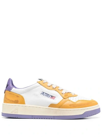 Shop Autry Color-block Yellow And Purple 'medalist' Low Top Sneakers In Cow Leather In Neutrals