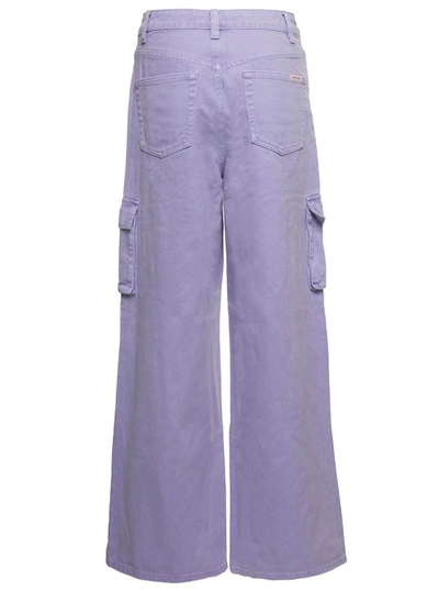Shop Self-portrait Liliac Cargo Wide-leg Jeans With Logo Patch In Cotton Denim In Purple