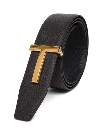 Tom Ford Reversible Brown And Black Leather T Belt In Black
