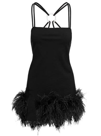 Shop Attico Fujiko' Mini Black Dress With Ostrich Boa Feathers And Side Split