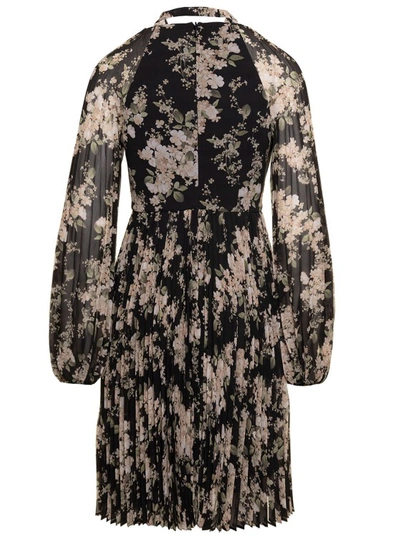 Shop Zimmermann Black Floral-printed Pleated Sunray Mini Dress In Chiffon