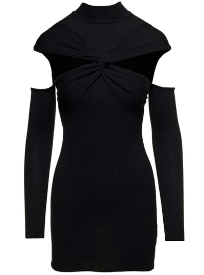 Shop Coperni Mini Black Dress With Mock Neck And Twisted Cut-out In Wool