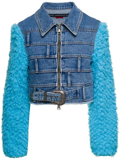 Shop Andersson Bell Dua' Light Blue Jacket With Faux-fur Sleeves And Multi-waist Effect In Cotton Denim