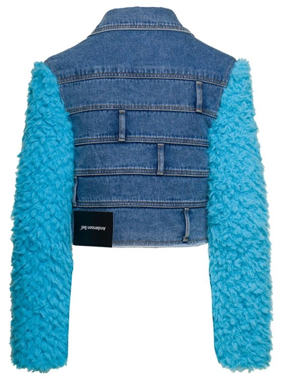 Shop Andersson Bell Dua' Light Blue Jacket With Faux-fur Sleeves And Multi-waist Effect In Cotton Denim
