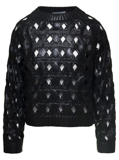 Shop Alberta Ferretti Black Crewneck Sweater With Geometric Cut-outs In Cotton Blend