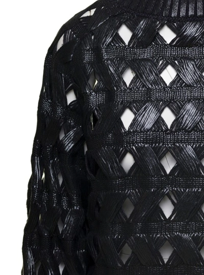 Shop Alberta Ferretti Black Crewneck Sweater With Geometric Cut-outs In Cotton Blend