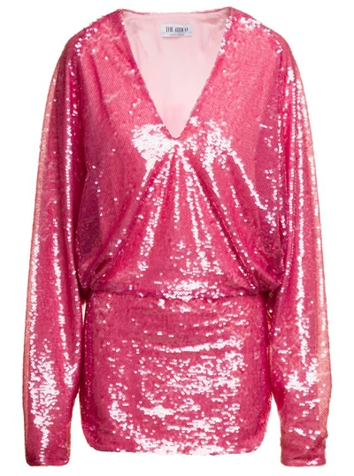 Shop Attico Gael' Mini Pink Dress With Long Sleeves And All-over Paillettes Embroidery In Fabric