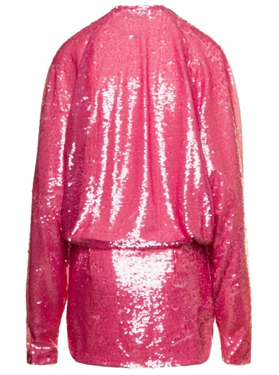 Shop Attico Gael' Mini Pink Dress With Long Sleeves And All-over Paillettes Embroidery In Fabric