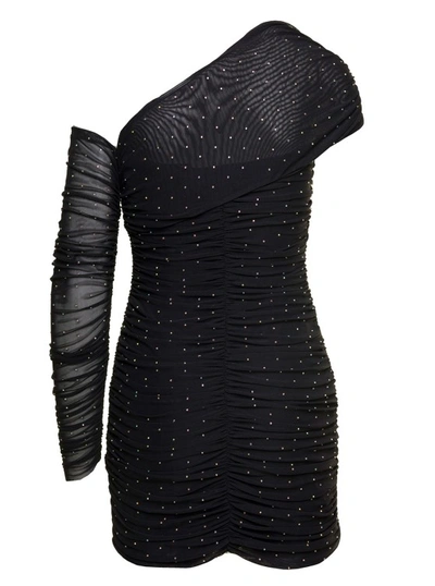 Shop Rotate Birger Christensen Mini Black Asymmetric Dress With All-over Rhinestone Embellishment In Mesh
