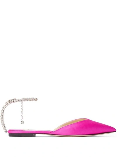 Shop Jimmy Choo Fuchsia Pink Ballerina Flat Shoes With Crystal Embellishment In Satin
