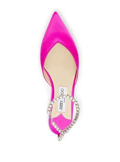 Shop Jimmy Choo Fuchsia Pink Ballerina Flat Shoes With Crystal Embellishment In Satin