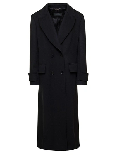 Shop Alberta Ferretti Long Black Double-breasted Coat With Tonal Buttons In Wool And Cashmere