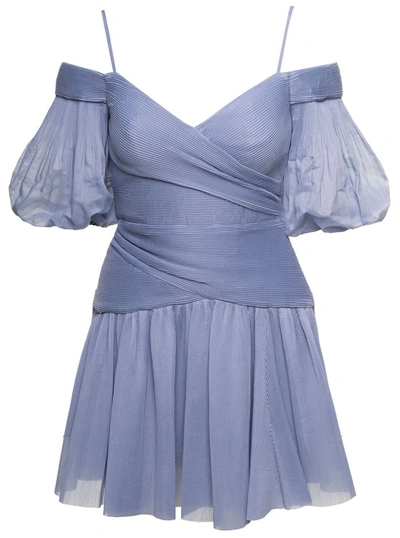 Shop Zimmermann Light-blue Pleated Mini Dress In Chiffon