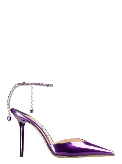 Shop Jimmy Choo Saeda' Purple Pointed And Closed Toe Sandals With Rhinestone Chain In Metallic Leather