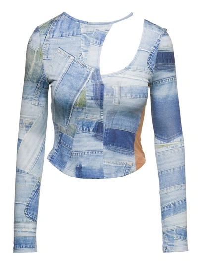 Shop Andersson Bell Anja' Light Blue Long-sleeve Top With Cut-out And Denim Patch Print