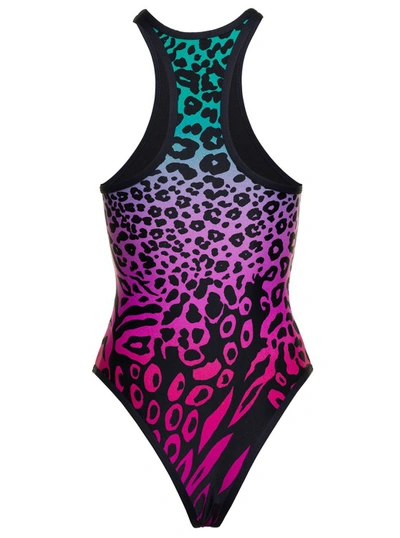 Shop Attico Animal Print Racerback Swimsuit In Multicolor Technical Fabric In Black