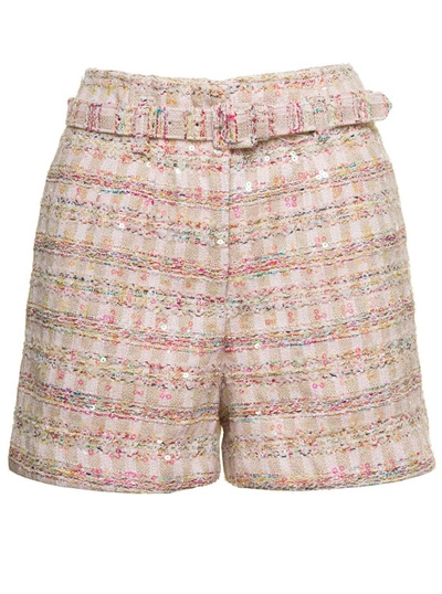 Shop Self-portrait Pink Shorts With Matching Belt And Paillettes In Tweed