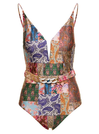 Shop Zimmermann Multicolor Swimsuit With All-over Paisley Motif And Belt In Stretch Polyamide In Grey