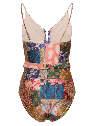 Shop Zimmermann Multicolor Swimsuit With All-over Paisley Motif And Belt In Stretch Polyamide In Grey