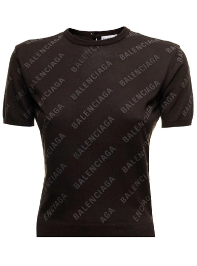 Shop Balenciaga Brown Ultralight Cotton T-shirt With Allover Logo Print In Black