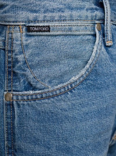 Shop Tom Ford Light Blue 5-pocket Style Jeans With Rips And Logo Patch In Cotton Denim