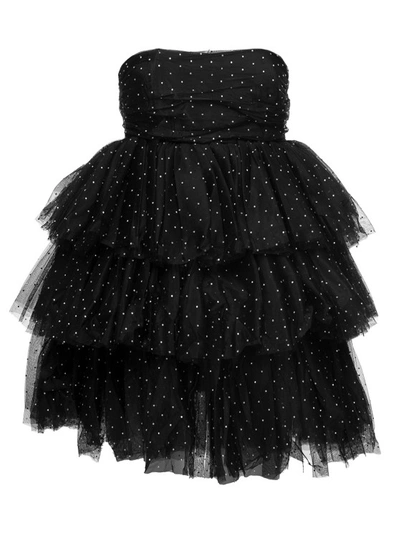 Shop Rotate Birger Christensen Mini Black Flounced Dress With All-over Rhinestones Embellishment In Mesh