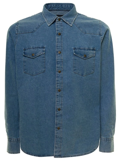 Shop Tom Ford Blue Denim Shirt With Patch Pockets In Cotton In Green