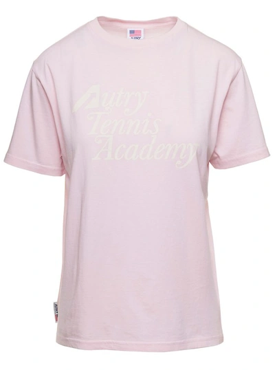 Shop Autry Pink Tennis Academy T-shirt With Logo In Cotton In White