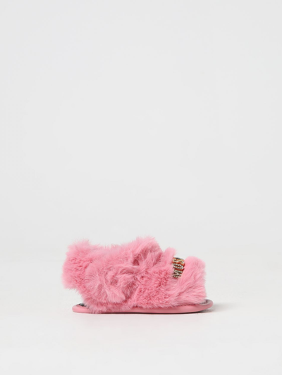 Shop Moschino Kid Sandals In Synthetic Fur With Logo In Pink