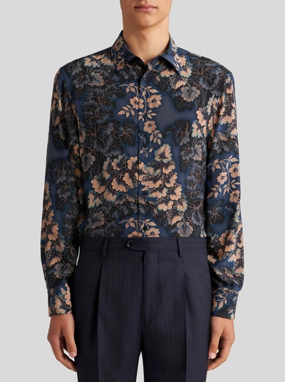 Shop Etro Silk Shirt With Foliage Print In Navy Blue