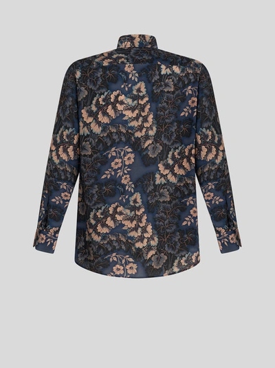 Shop Etro Silk Shirt With Foliage Print In Navy Blue