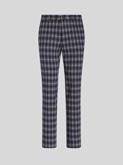 Shop Etro Check Cotton Trousers In Navy Blue