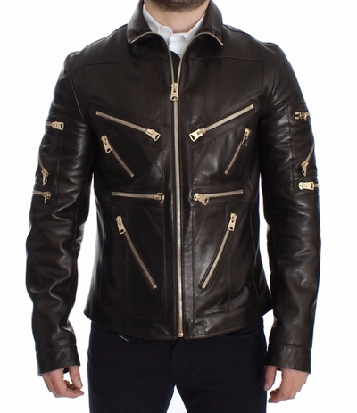Shop Dolce & Gabbana Elegant Brown Gold-detailed Leather Men's Jacket