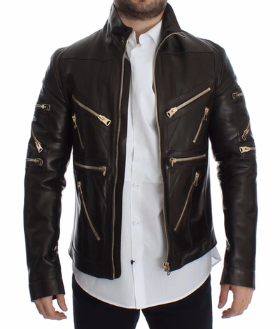 Shop Dolce & Gabbana Brown Lambskin Leather Zipper Men's Jacket