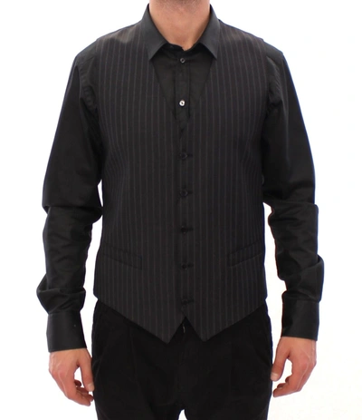 Dolce & Gabbana Black Striped Wool Single Breasted Vest In Gray