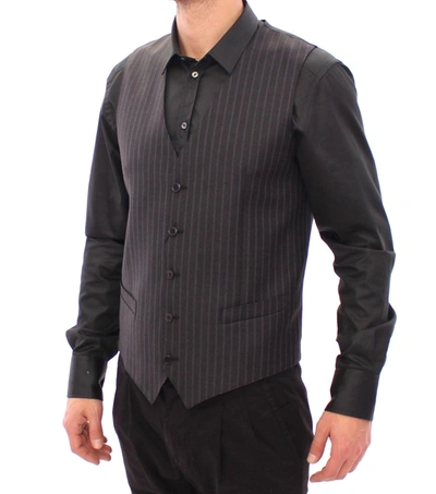 Dolce & Gabbana Black Striped Wool Single Breasted Vest In Gray