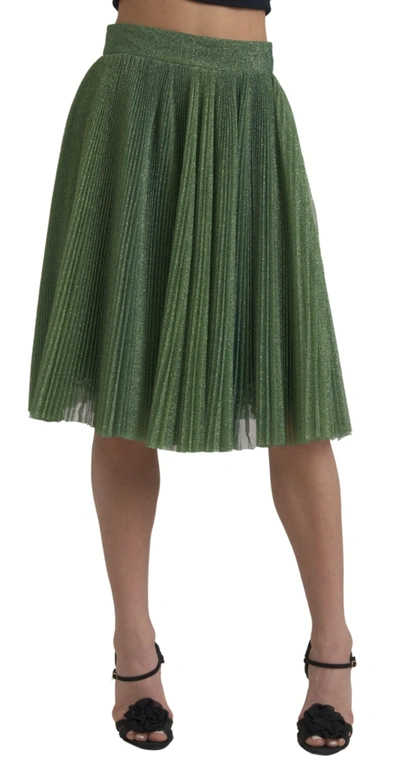 Dolce & Gabbana Metallic Green High Waist A-line Pleated Skirt In Green