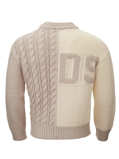 Shop Gcds Wool Blend Hand Knitting Effect Jumper With Men's Logo In Beige