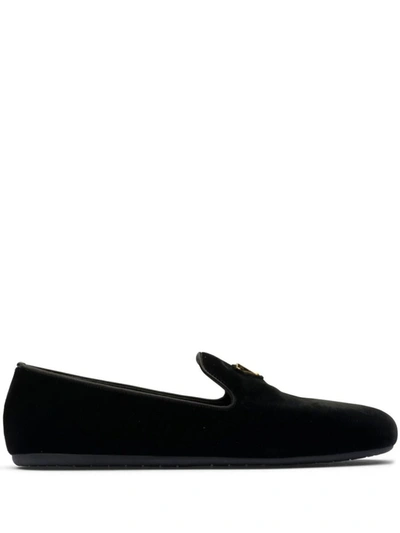 Prada Triangle Logo Velvet Loafers In Black