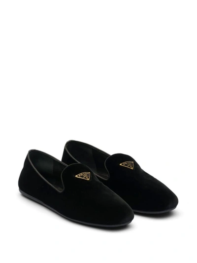 Prada Triangle Logo Velvet Loafers In Black